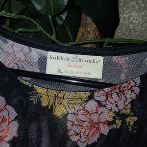 Bobbie Brooks Black Sheer Floral Mesh Top with Pink & Yellow Blooms